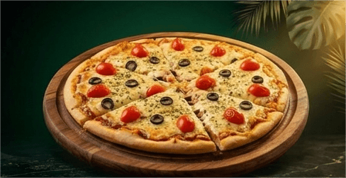 Freshly baked thin-crust pizza topped with gourmet cheeses and garden basil